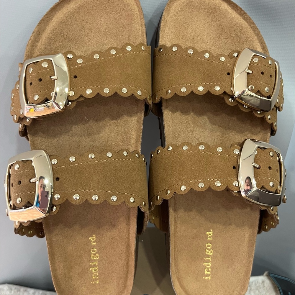 Indigo‎ Brown Scalloped Double-Buckle Studded Slide Sandals